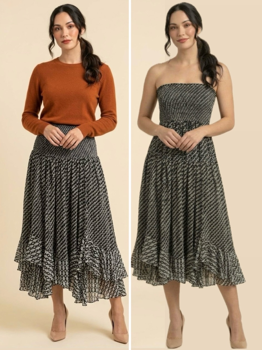 ANTHROPOLOGIE Akemi + Kin Strapless Dress Smoked Waist Skirt 2in1 Tiered Flowy M